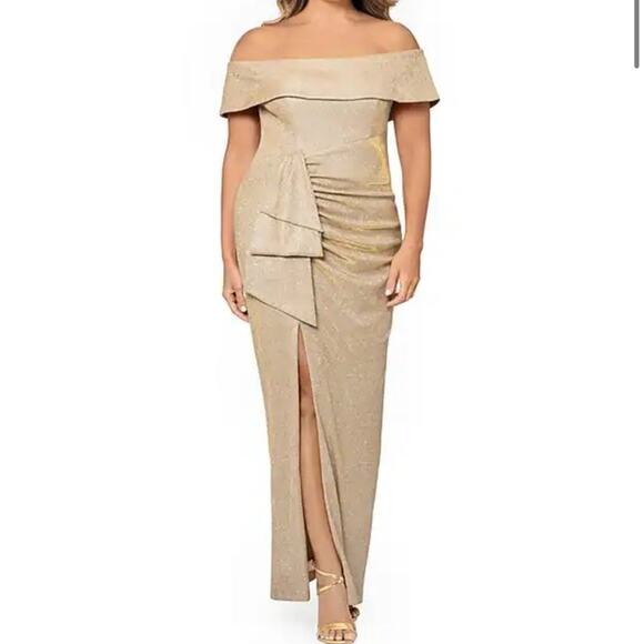 Xscape Off The Shoulder Gown Gold Leg Slit 16 - Picture 2 of 8